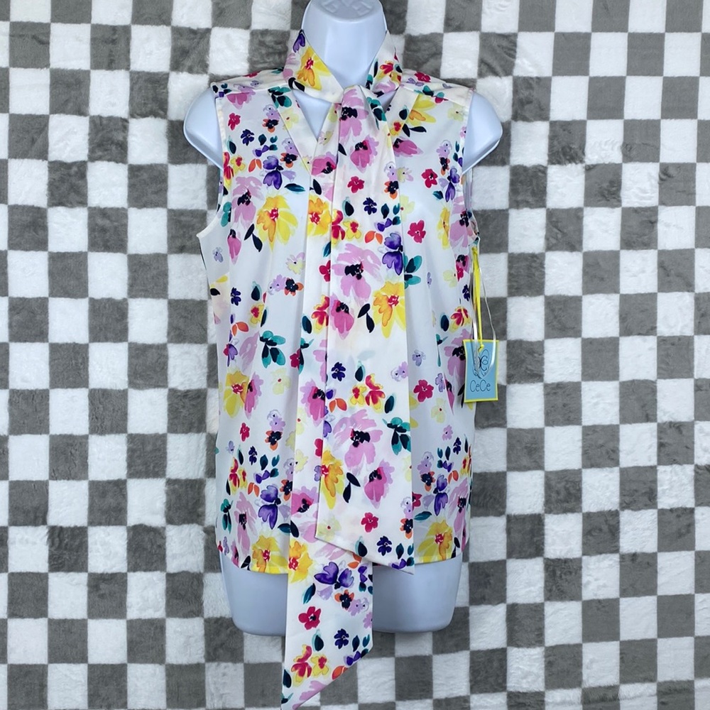 CeCe NWT sleeveless blouse floral watercolor neck scarf XS Romantic Voyage - Picture 2 of 8